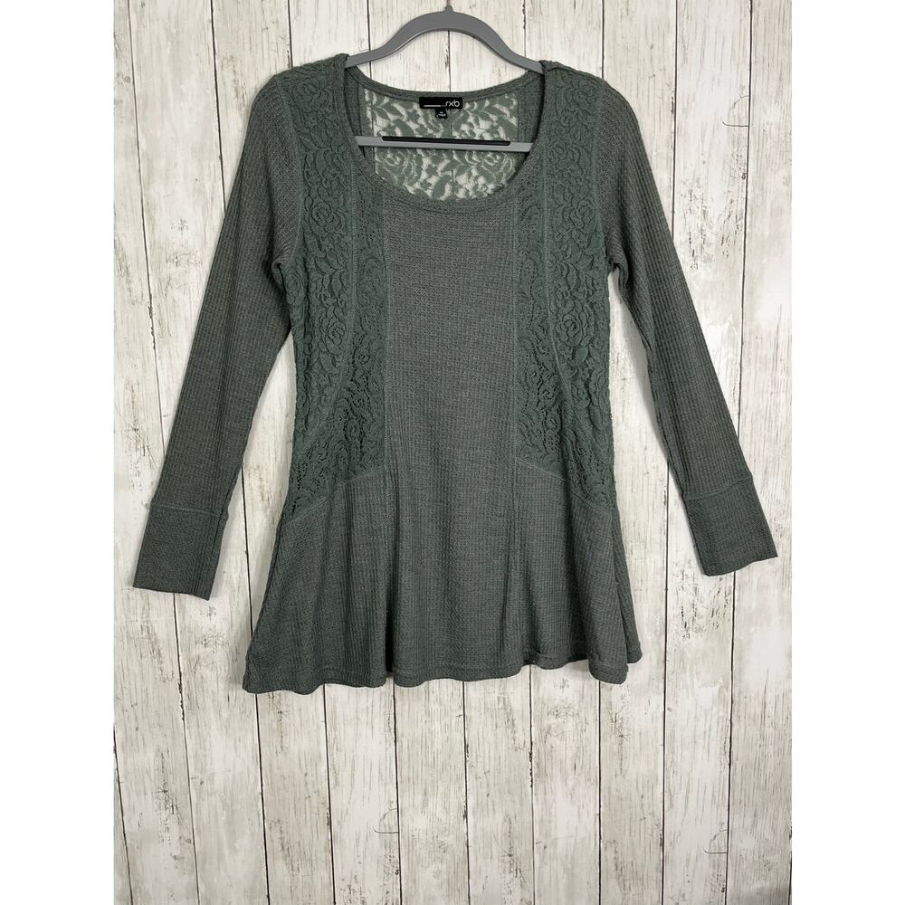 rxb Green Long Sleeve Crew Neck Lace Thermal Flowy Sweater Medium